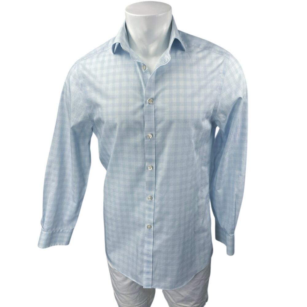 Charles Tyrwhitt Blue Extra Slim Checkered Long Sleeve Button Shirt Top 15.5/L